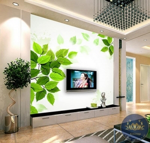 Tranh 3D dán tường phòng khách chiếc lá xanh mát mẻ và nghệ thuật
