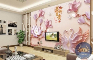 Mẫu Tranh 3D dán tường phòng khách hoa sen và thiên nga đẹp tuyệt vời khiến bạn không thể rời mắt