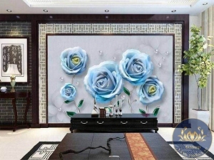 Tranh 3D dán tường phòng khách hoa hồng màu xanh đẹp ai cũng khen tại quận 10