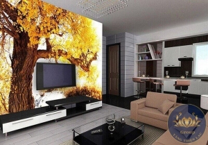 Tranh 3D dán tường phòng khách cảnh thiên nhiên rừng cây lá vàng đẹp lung linh tại quận 2