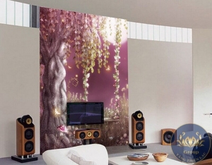 Tranh 3D dán tường phòng khách cây cổ thụ nghệ thuật đẹp lung linh tại quận 5