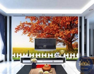 Tranh 3D dán tường phòng khách cây cổ thụ lá đỏ nghệ thuật đẹp lung linh tại quận 6