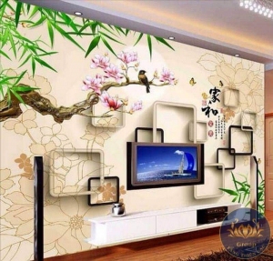 Tranh 3D dán tường phòng khách cành đào đẹp ai cũng khen tại quận Hóc Môn
