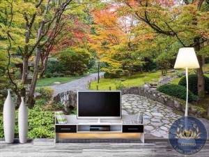 Tranh 3D dán tường phòng khách con đường cây xanh đẹp ai cũng khen tại quận Phú Nhuận