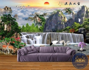 Tranh 3D dán tường phòng khách sơn thủy hữu tình đẹp ai cũng khen tại quận Thủ Đức