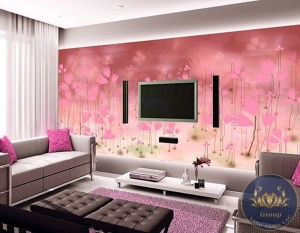 Tranh 3D dán tường phòng khách hoa cúc hồng và nghệ thuật