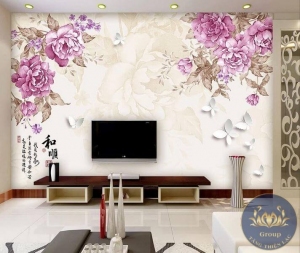 Mẫu tranh 3D phòng khách Hoa Mẫu Đơn đẹp tuyệt trần