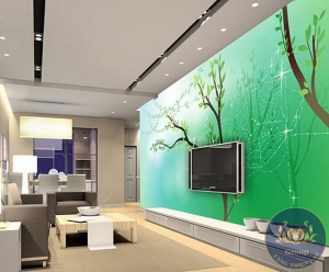 Tranh 3D dán tường phòng khách cây xanh mát mẻ và nghệ thuật