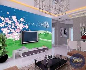 Tranh 3D dán tường phòng khách hoa cúc hồng mát mẻ và nghệ thuật