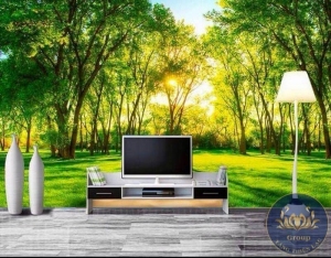 Tranh dán tường 3D phòng khách cảnh rừng cây đẹp nhất quận 10