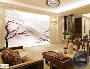 Tranh dán tường 3D phòng khách cành hoa đào đẹp nhất quận 11