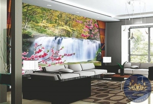 Tranh dán tường 3D phòng khách thác nước quận 2 đẹp nhất