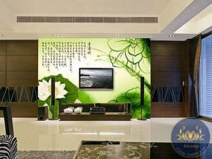 Tranh dán tường 3D phòng khách hoa sen và thư pháp đẹp nhất quận 5