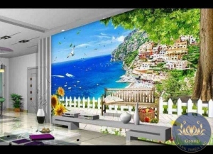 Tranh dán tường 3D phòng khách cảnh biển đẹp nhất quận 9