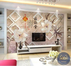 Tranh dán tường 3D phòng khách hoa tài lộc đẹp nhất huyện Hóc Môn