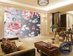 Tranh dán tường 3D phòng khách hoa hồng nền xám đẹp nhất quận Thủ Đức
