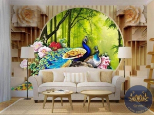 Tranh phòng khách đôi Chim Công hạnh phúc cho gia đình