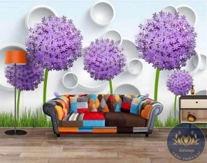 Hình tranh 3D phòng khách Hoa Cẩm Tú Cầu màu tím