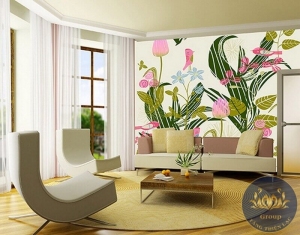 Mẫu tranh 3D phòng khách Hoa Sen Hồng đầy tính nghệ thuật