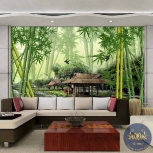 Tranh 3D phòng khách Rừng Trúc với Ngôi Nhà thanh bình