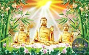 Tranh dán tường Phật Thích Ca ngồi tĩnh tâm trong rừng trúc