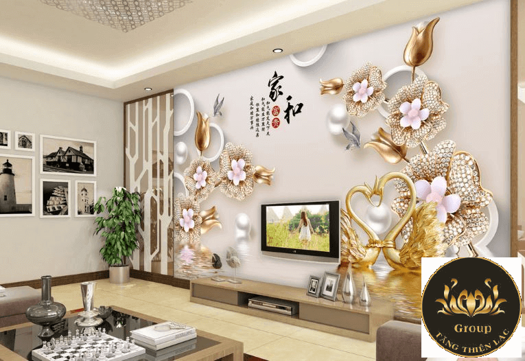 Tranh dán tường 3D phòng khách hoa hiện đại đẳng cấp không gian