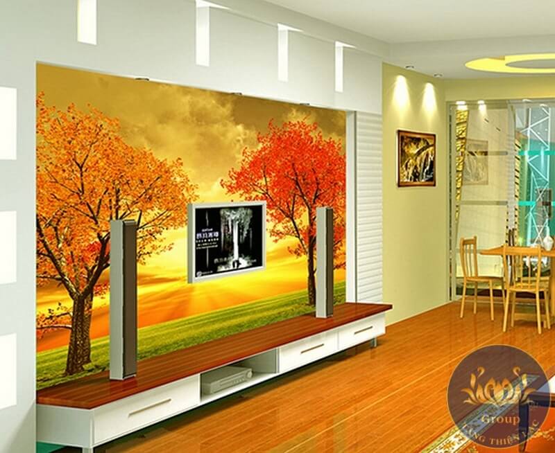 Tranh dán tường 3D phòng khách cây lá đỏ mang sự ấm áp vào nhà