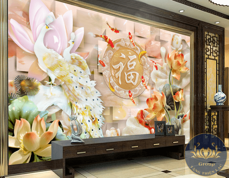 Tranh dán tường 3D chim công hợp mệnh Kim thu hút tài lộc tiền vô như nước