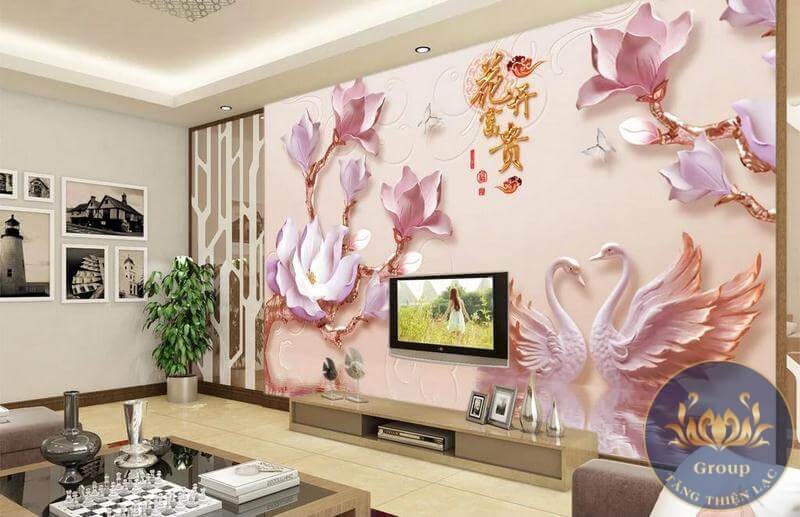 Mẫu Tranh 3D dán tường phòng khách hoa sen và thiên nga đẹp tuyệt vời khiến bạn không thể rời mắt