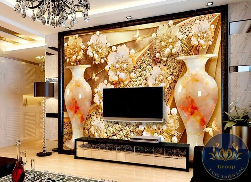 Tranh 3D dán tường phòng khách bình hoa tài lộc đẹp lung linh tại quận 3