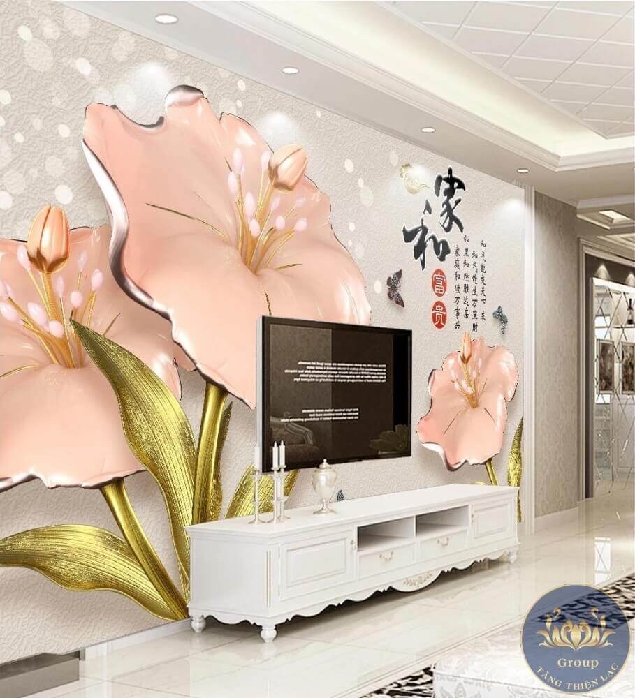 Tranh dán tường 3D phòng khách hoa loa kèn làm sang trọng không gian
