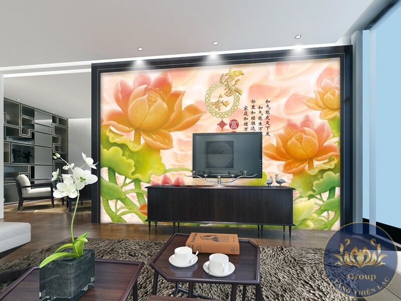 Tranh dán tường 3D hoa sen ngọc bích phòng khách mang lại sự tinh khiết và an lạc cho gia chủ