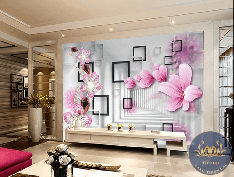 Tranh dán tường 3D phòng khách hoa màu tím hồng lãng mạn không gian