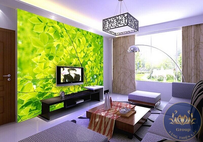 Tranh 3D dán tường phòng khách cây lá xanh mát mẻ và nghệ thuật