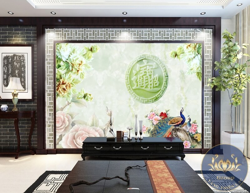 Tranh dán tường 3D ngọc bích và chim công mang lại sự hạnh phúc gia đình