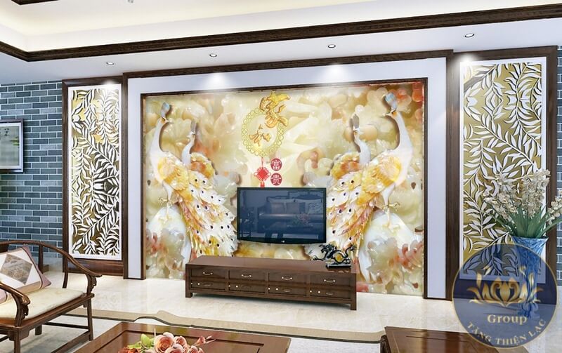 Tranh dán tường 3D đôi chim công mang sự thịnh vượng hạnh phúc gia chủ mệnh kim