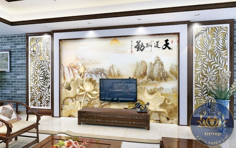 Tranh dán tường 3D núi non thủy mặc mang sự thịnh vượng gia chủ mệnh kim
