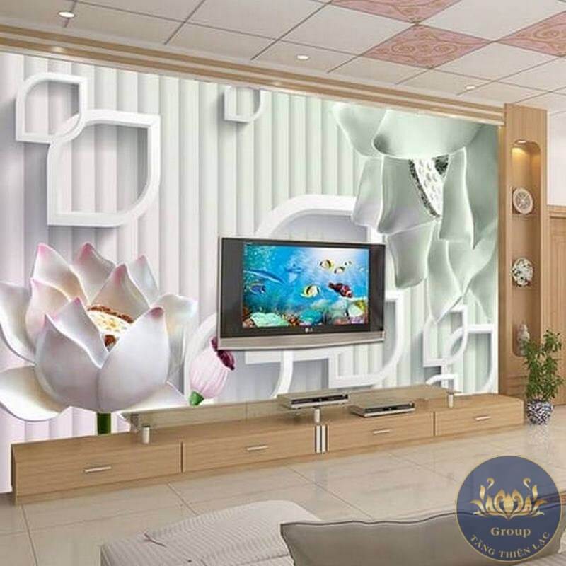 Tranh dán tường 3D hoa sen ngọc bích trắng phòng khách mang lại sự tinh khiết và an lạc cho gia chủ