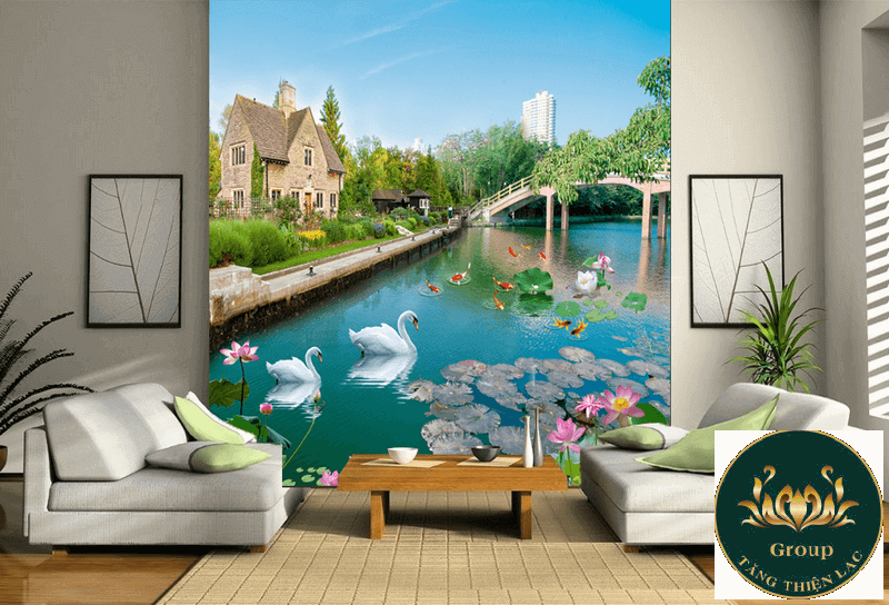 Tranh dán tường 3D hồ nước hợp với gia chủ mệnh Mộc thu hút tài lộc tiền vô như nước