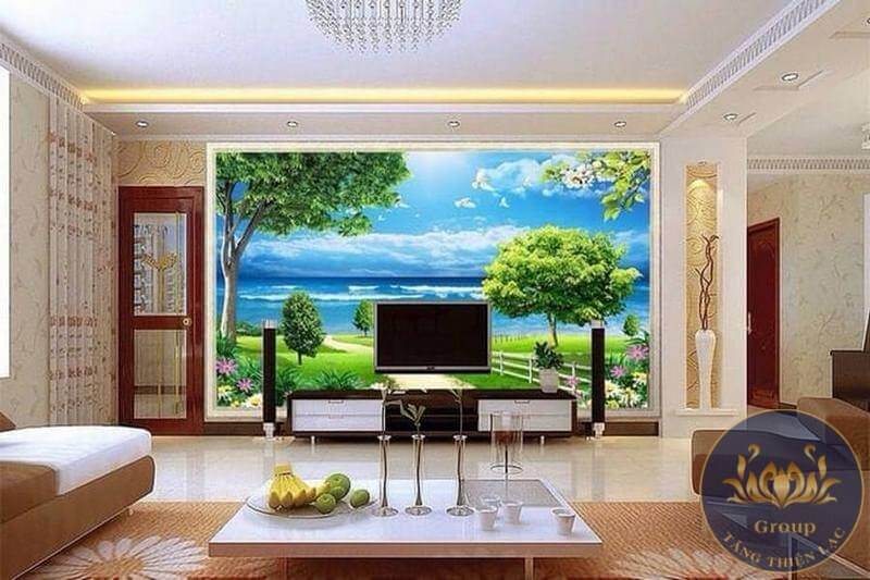 Tranh dán tường phòng khách mang sự mát mẻ cho gia chủ