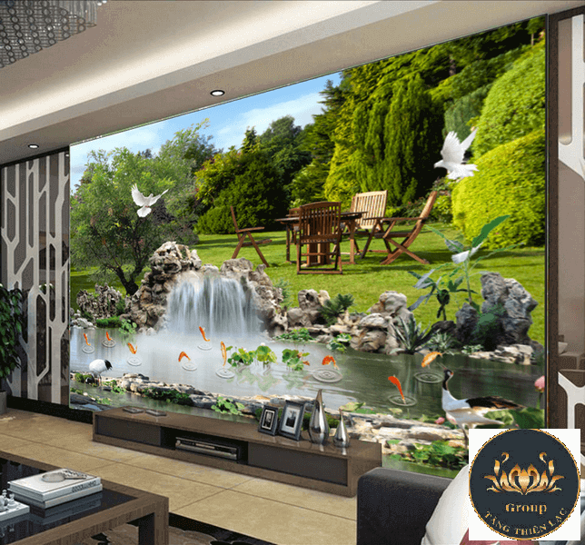 Tranh dán tường 3D phòng khách thác nước và chim cá đẹp nhất