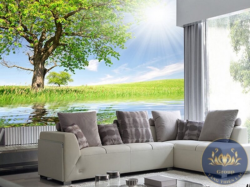 Tranh dán tường 3D phòng khách cây xanh mang thiên nhiên mát mẻ vào nhà