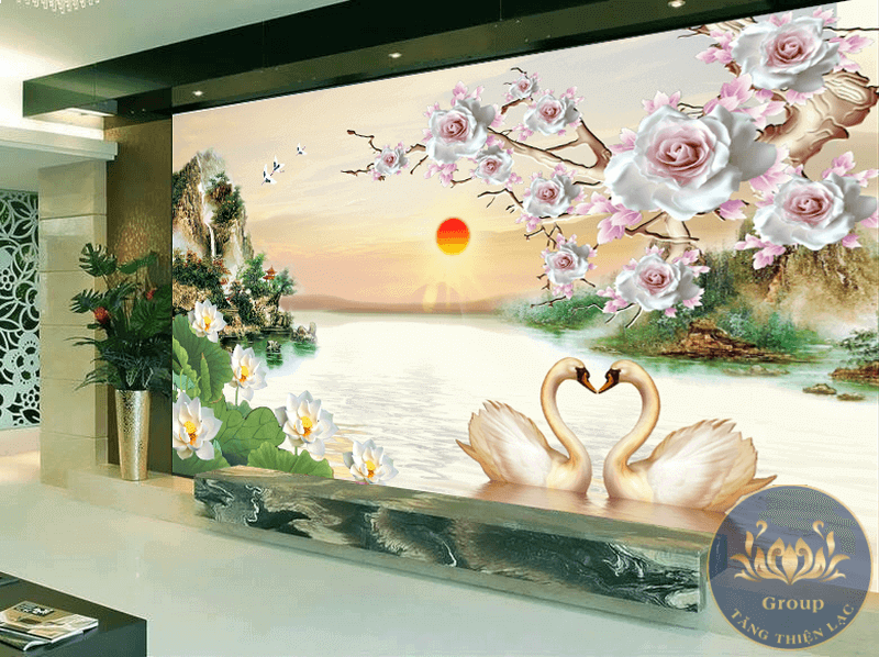 Tranh dán tường 3D phòng khách chim thiên nga mang lại sự hạnh phúc gia đình