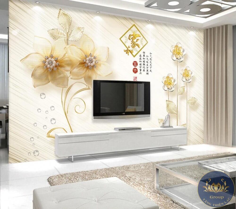 Tranh dán tường 3D phòng khách hoa hiện đại đẹp nhất