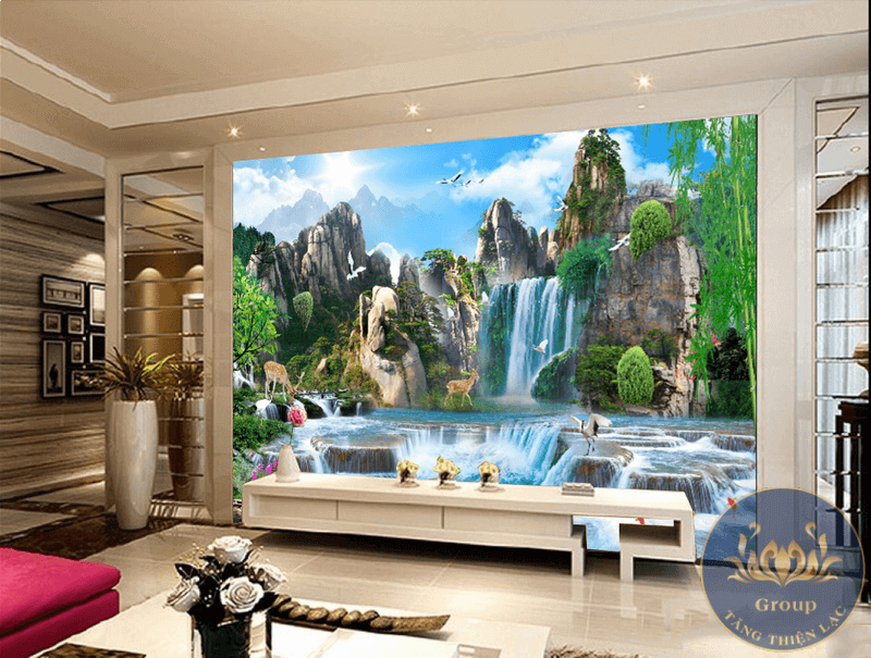 Tranh dán tường 3D sơn thủy hữu tình phòng khách mang lại tài lộc cho gia chủ