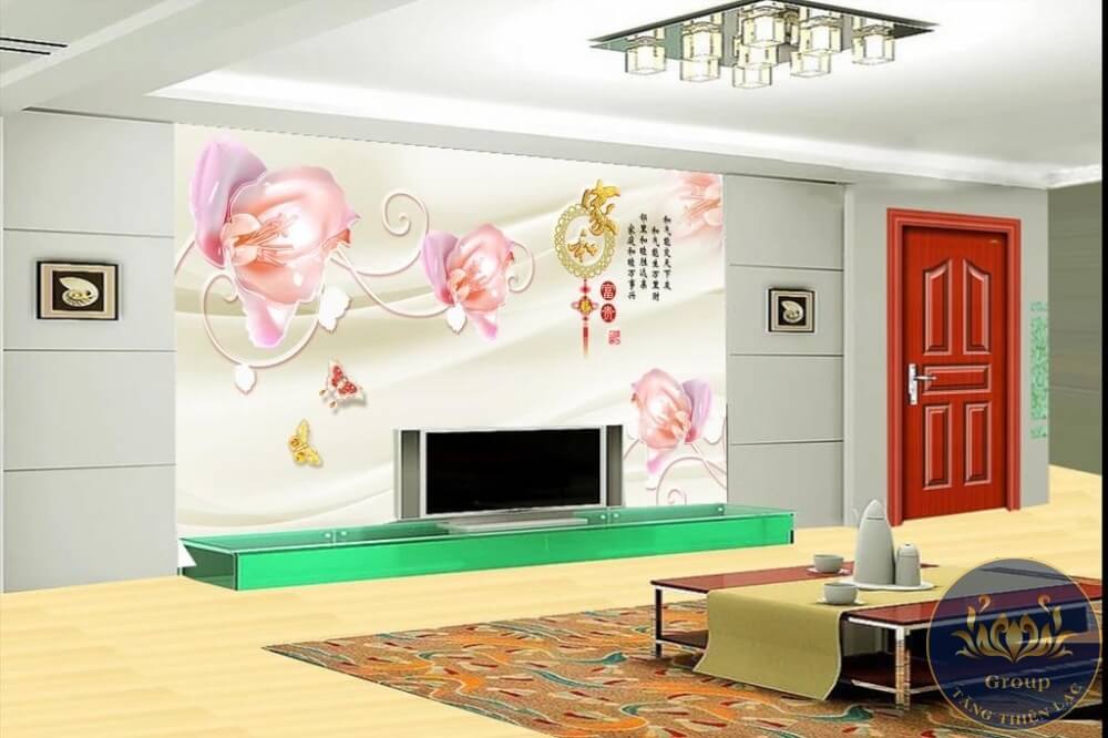 Tranh dán tường 3D phòng khách hoa trang sức làm sang trọng không gian