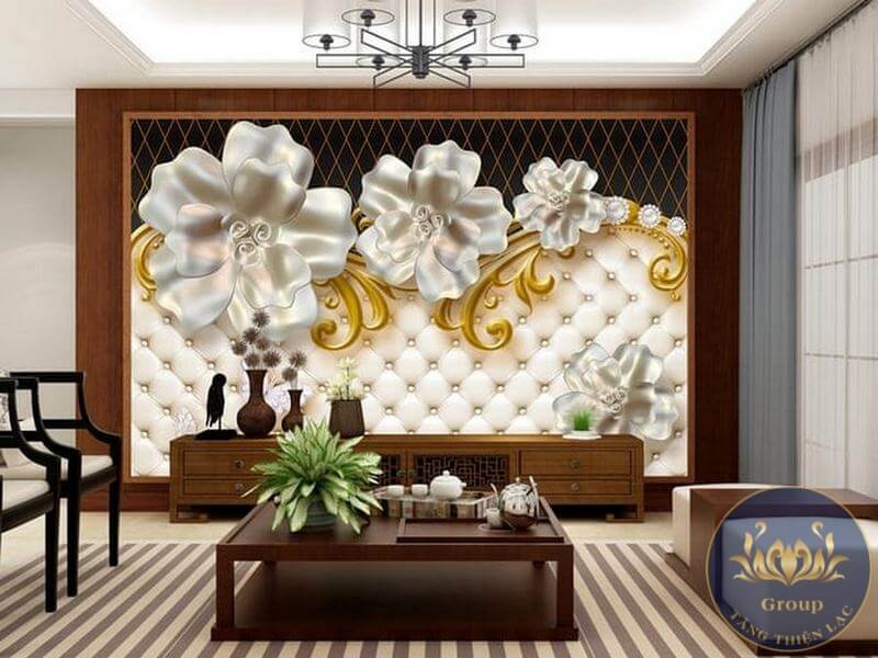Tranh dán tường 3D phòng khách giả da mềm tạo sự mềm mại cho phòng khách