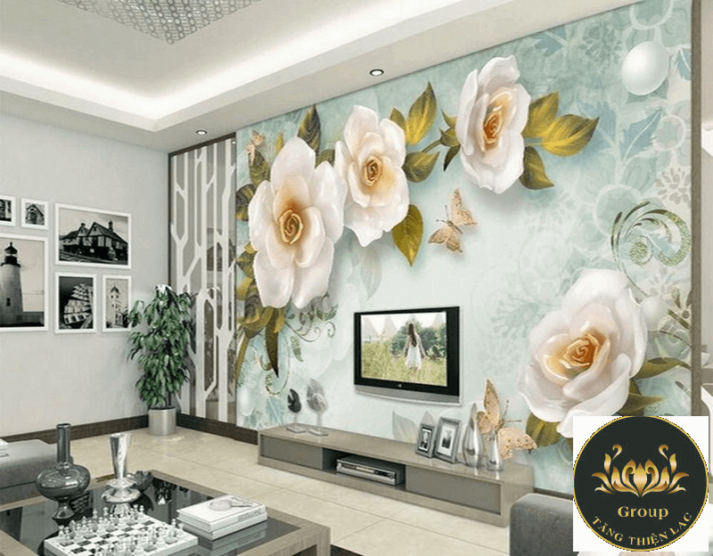 Tranh dán tường phòng khách hoa hồng trắng đẹp nhất Tp