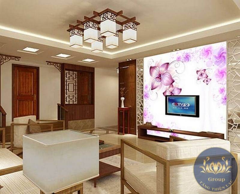 Tranh dán tường 3D hoa lan hồng tim phòng khách mang sự trẻ trung vào nhà