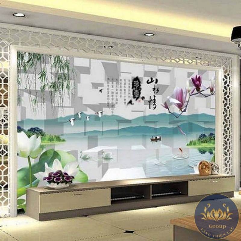 Tranh dán tường 3D hoa sen phòng khách mang lại sự tinh khiết và an lạc cho gia chủ